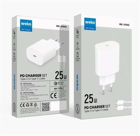 Weko WK-27878 Note10 Beyaz 25 Watt Şarj Başlık Adaptörü + Type-C To Type-C Kablo ürün görseli 1
