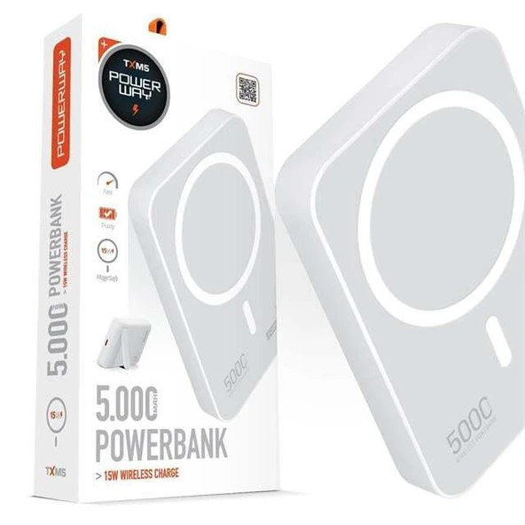 Powerway 5.000mAh PD15W Magsafe Kablosuz Wireless Taşınabilir Şarj Cihazı Beyaz Powerbank TXM5 ürün görseli 1