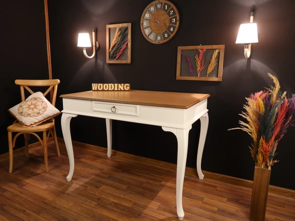 Wooding Mobilya 120 Cm Çekmeceli Masif Beyaz Natürel Çalışma Masası ürün görseli 1