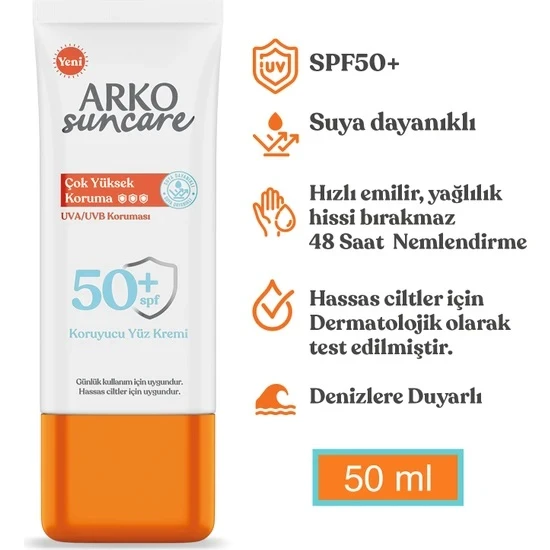 Arko Suncare Güneş Koruyucu Yüz Kremi Spf 50 Faktör 50 Ml ürün görseli 1