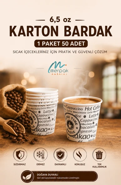 Karton Bardak 6,5 Oz 50'li Sızdırmaz Erimez Dayanıklı Kağıt Bardak Kullan At Bardak ürün görseli 1