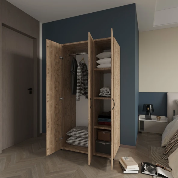 Ed Pet Dizayn  Doruk 3 Kapaklı Çam Elbise Dolabı Çok Amaçlı Dolap 90 Cm genişlik ürün görseli 1