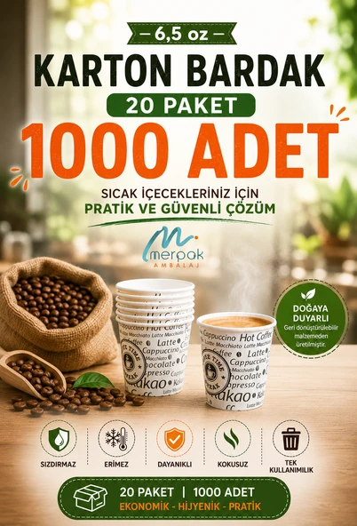 Karton Bardak 6,5 Oz 1000'LI Sızdırmaz Erimez Dayanıklı Kağıt Bardak Kullan At Bardak ürün görseli 1