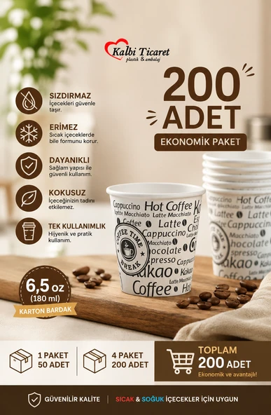 Karton Bardak 6,5 Oz 200'lü Sızdırmaz Erimez Kokusuz Kullan At Bardak Kağıt Bardak ürün görseli 1