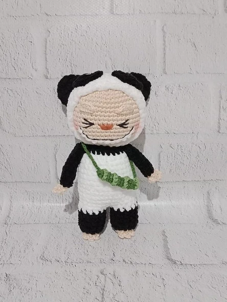 Panda Kostümlü Labubu Amigurumi Organik Oyuncak ürün görseli 1