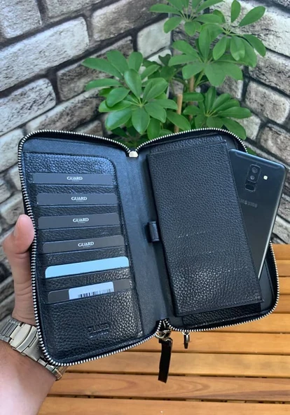 Guard Çift Fermuarlı Siyah Hakiki Deri El Çantası Erkek / Kadın P3031 ürün görseli 1