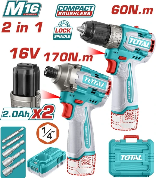 Total 16V Darbeli Matkap + Darbeli Vidalama Makinesi Avantaj Set TOSLI240968E ürün görseli 1