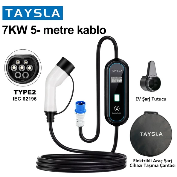 Taysla 7,4 kW 32A Ev Tipi Bireysel Taşınabilir Portatif Elektrikli Araç Şarj İstasyonu 5 Metre ürün görseli 1