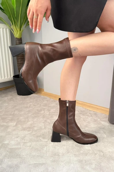 Kadın Marina Kahverengi Bot 7 cm Kalın Topuklu Streç Boots ürün görseli 1