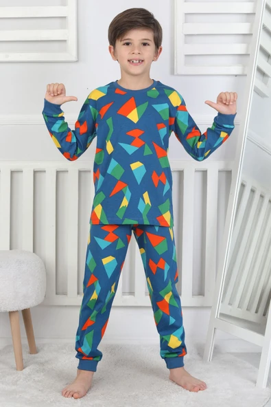 Renkli Geometrik Şekilli Erkek Çocuk Pijama Takımı ürün görseli 1