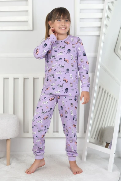 Uzun Kollu Cute Cat Desenli Kız Çocuk Pijama Takımı ürün görseli 1