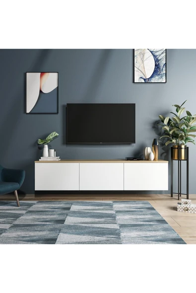 BMdekor Duvara Asma Neon Meşe Beyaz Tv Sehpası 160 cm ürün görseli 1