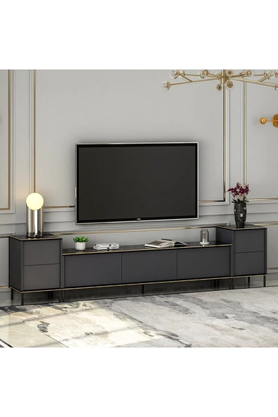 Meltem Çelik - BMdekor Tv Sehpası Kozan Set Antrasit Mermer Desen 260 Cm ürün görseli 1