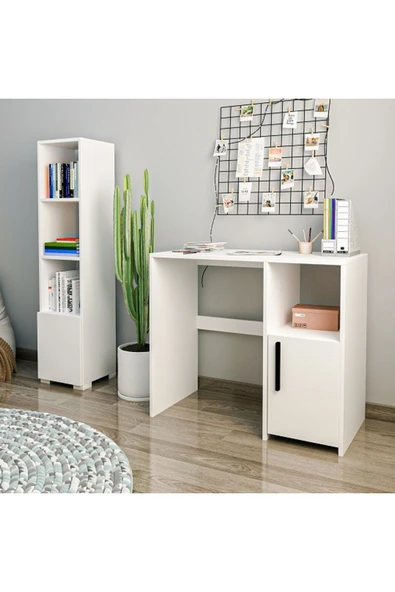 Meltem Çelik - BMdekor Çalışma Masası ve Kitaplık Set Kutay Beyaz ürün görseli 1