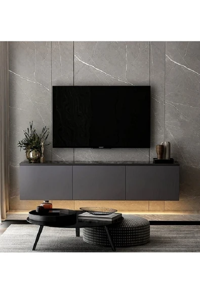 Meltem Çelik - BMdekor Tv Sehpası Norm Duvara Monte Antrasit Mermer Desen Led Işıklı 160 Cm ürün görseli 1