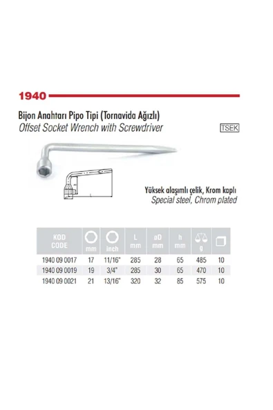 İzeltaş İzeltaş 17 Mm Bijon Anahtarı Pipo Tipi Tornavida Ağızlı 1940 09 0017 ürün görseli 1