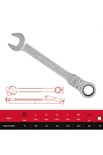 İzeltaş 0345020011 Mafsallı Cırcır Kombine Anahtar 11 mm ürün görseli 1