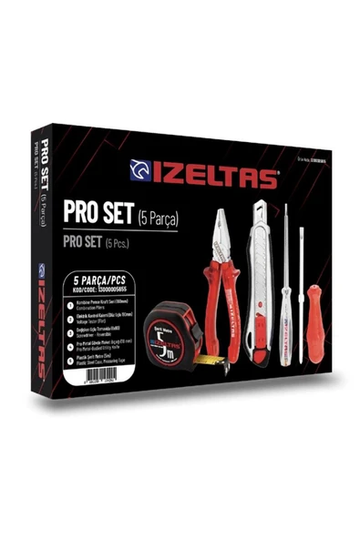 İzeltaş İzeltaş 5'li Pro Set 5 Parça Kraft Pense 160mm Kontrol Kalemi Tornavida Maket Bıçağı Şerit Metre ürün görseli 1