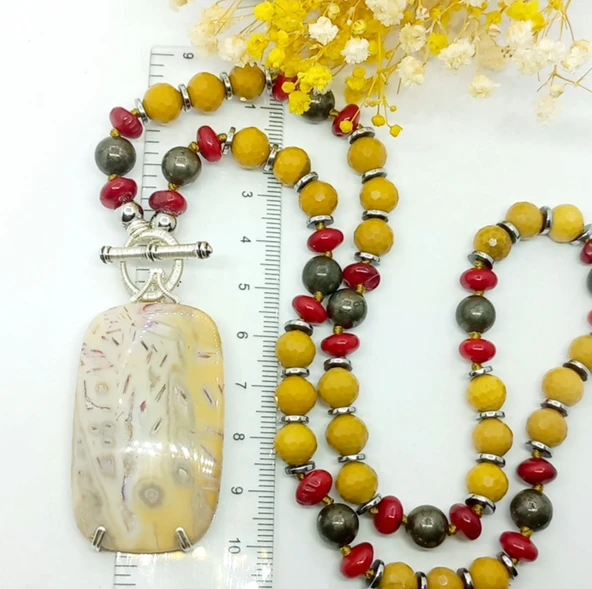 2384 Okyanus Jasper Mokait Jasper Pirit Mercan el yapımı düğümlü kolye ürün görseli 1