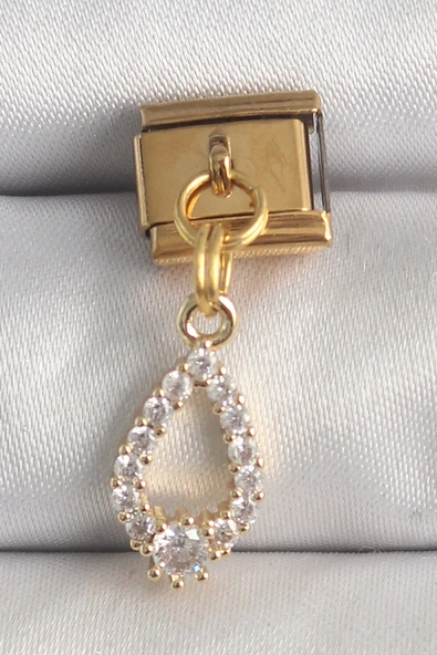 316L Çelik Gold Renk Sallantı Zirkon Taşlı Damla Model Nomination Charm ürün görseli 1