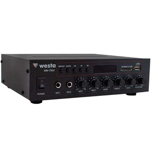 Westa WM-750U 80 Watt 100V-70V Mini 4-16 Ohm USB-SD-Bluetooth 2 Mikrofon Girişli Trafolu Anfi ürün görseli 1