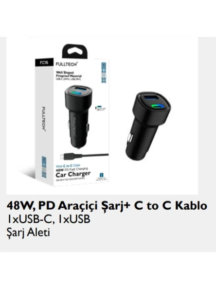 Fc16 Süper Hızlı 48w 1x Type-c Araç Şarj Cihazı, 12/24v Çakmaklık Girişli Akım Korumalı, ürün görseli 1
