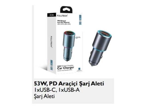 Fc19 Rgb 53w Pd Hızlı Şarj Araç Içi Çakmaklık Şarj Aleti 1x Type-c 35w Pd 1x Usb3.0 18w ürün görseli 1