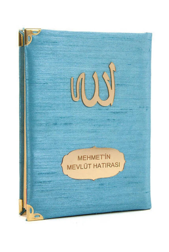 10 ADET - Şantuk Kumaş Kaplı Yasin Kitabı - Çanta Boy - İsme Özel Plakalı - Mavi Renk - İslami Hediyeler ürün görseli 1