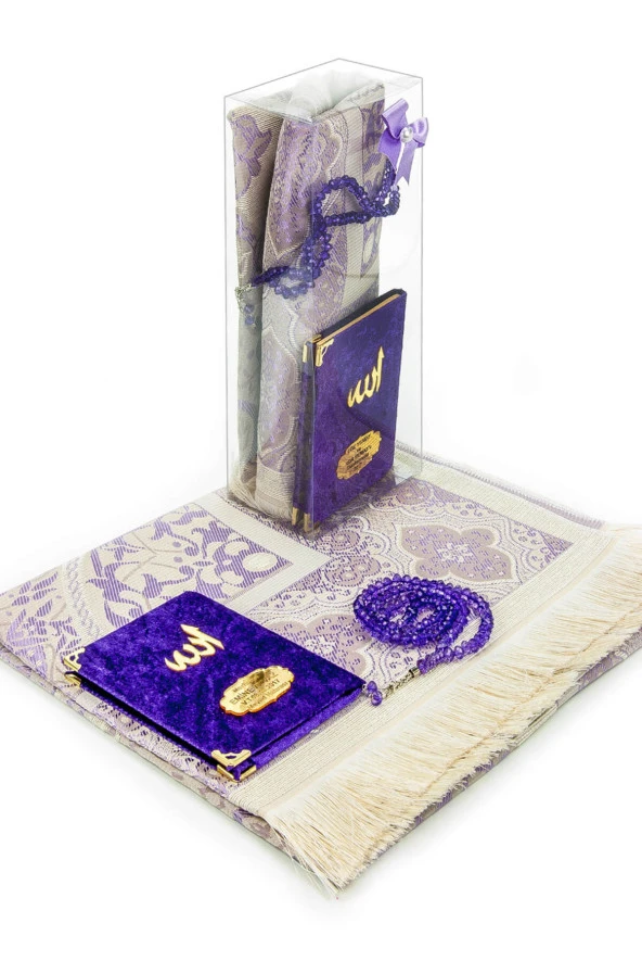 10 Adet Hediyelik Özel Set - Kadife Kaplı Yasin Kitabı - Cep Boy - İsme Özel Plakalı - Seccadeli - Tesbihli - Kutulu - Mor - Mevlüt Hediyeliği ürün görseli 1
