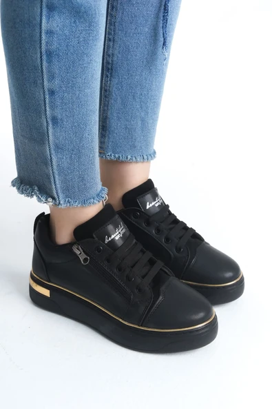 DINA Bağcıklı Fermuarlı Ortopedik Taban Kadın Sneaker Spor Ayakkabı  CST - Siyah/Altın ürün görseli 1