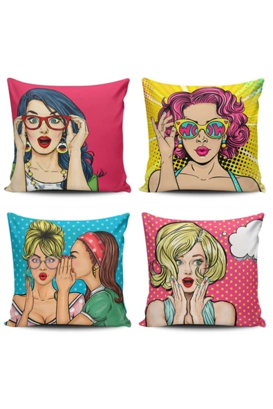 Alkan Homes Pop Art Kızları 4 Lü Kombin Kırlent Kılıfı ürün görseli 1