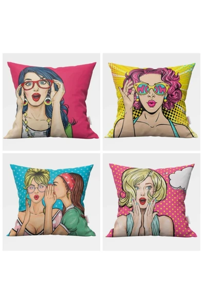 Alkan Homes Çift Taraflı Baskılı Pop Art Kızları 4 Lü Kombinli Dijital Baskılı Kırlent Kılıfı ürün görseli 1