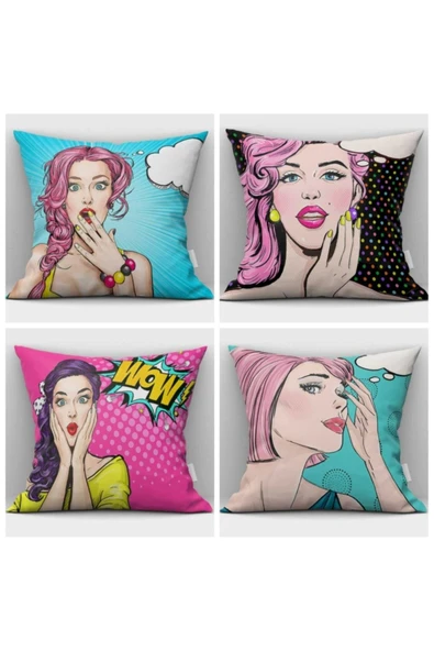 Alkan Homes Çift Taraflı Baskılı Pop Art Kızları 4 Lü Kombin Kırlent Kılıfı ürün görseli 1