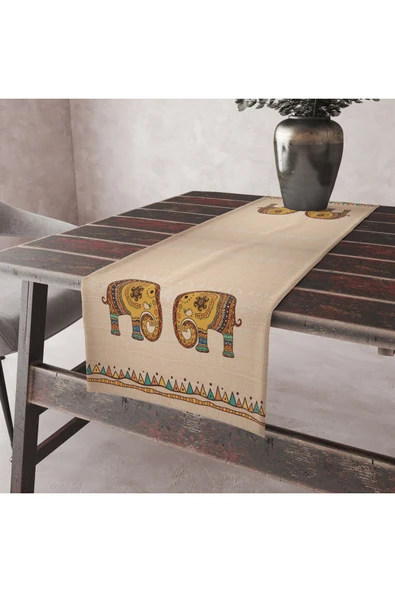 Alkan Homes Krem Zemin Fil Temalı Masa Örtüsü Runner 45×100 cm ürün görseli 1
