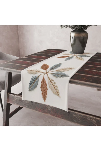 Alkan Homes Nakış Desenli Krem Zemin 3 Boyutlu Masa Örtüsü Runner 45×100 cm ürün görseli 1