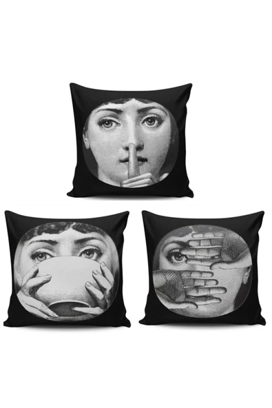 Alkan Homes Fornasetti Figürlü 3 Lü Kombin Dijital Baskılı Kırlent Kılıfı ürün görseli 1