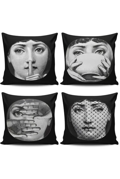 Alkan Homes 4 Lü Kombinli Fornasetti Figürlü Dijital Baskılı Kırlent Kılıfı ürün görseli 1