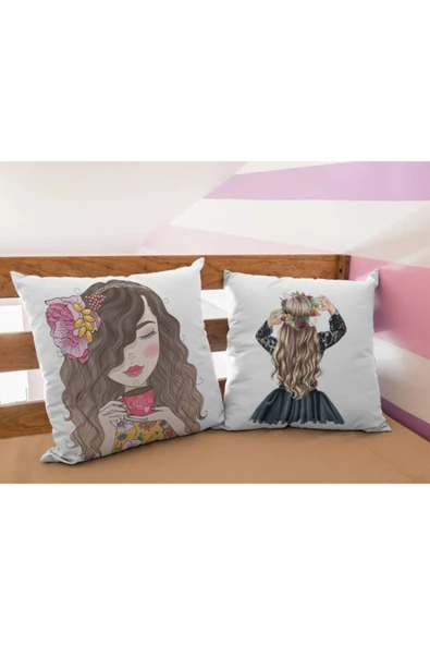 Alkan Homes Fashion Girl 2 Li Kombin Dijital Baskılı Kırlent Kılıfı ürün görseli 1