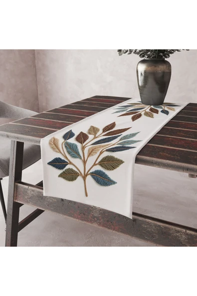 Alkan Homes Nakış Desenli Krem Zemin 3 Boyutlu Masa Örtüsü Runner 45×100 cm ürün görseli 1