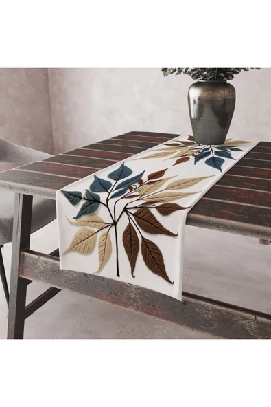 Alkan Homes Nakış Desenli Krem Zemin 3 Boyutlu Masa Örtüsü Runner 45×100 cm ürün görseli 1