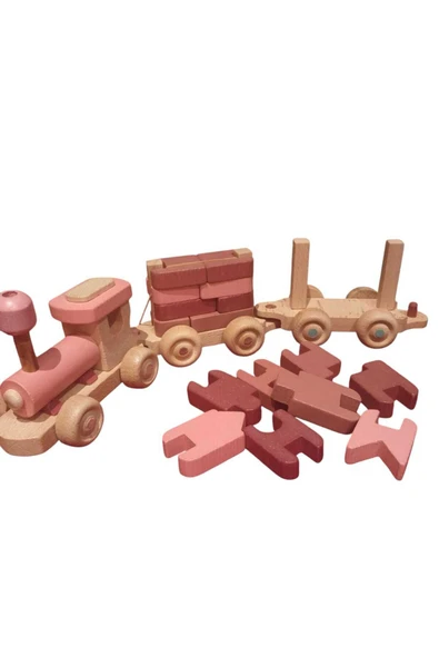 WOODTOY'S ORGANİK OYUNCAK DÜNYASI AHŞAP PEMBE BLOKLU TREN - 16 PARÇA - Resim 3