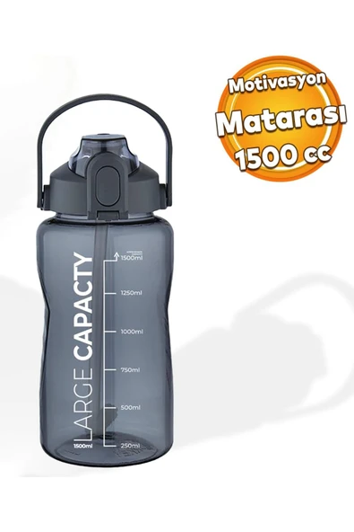 Sağlıklı Polikarbon 1.5 Litre Büyük Kapasiteli Su Matarası Pipetli Suluk Gri ürün görseli 1