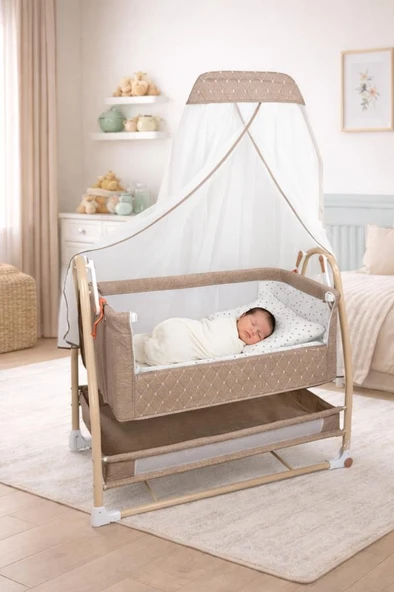 TommyBaby Royal Anne Yanı Beşik Tüllü Sepet Beşik Sallanabilir Bebek Beşiği Anne Yanı Beşik ürün görseli 1