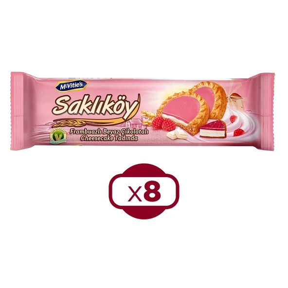 Ülker Saklıköy Frambuazlı Beyaz Çikolatalı Bisküvi 100 Gr x 8 Adet ürün görseli 1