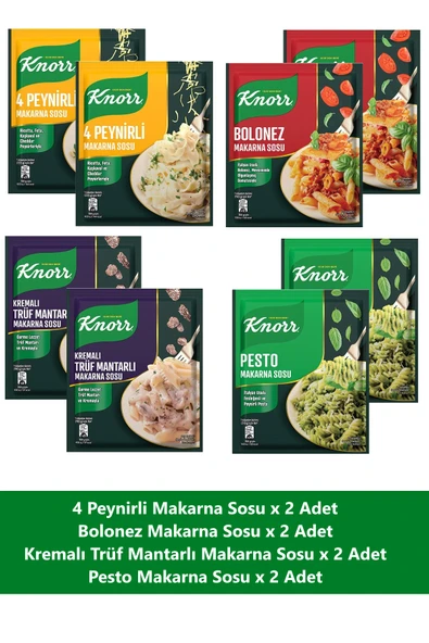 Knorr Makarna Sosu Seti x 8 Adet (Truf Mantarlı + Pesto + Bolonez + 4 Peynirli) ürün görseli 1
