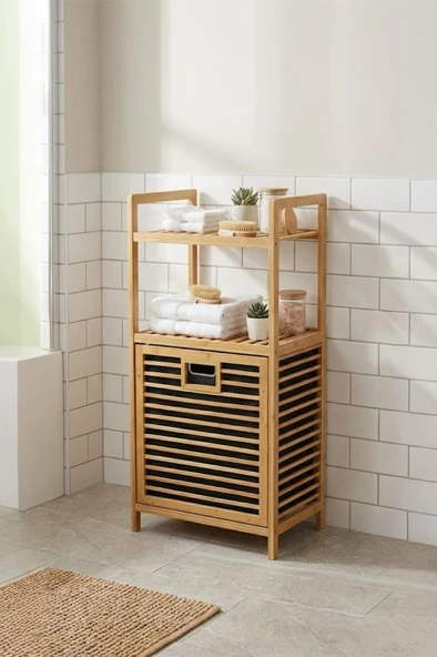 Mien Bambu Dikey Çamaşır Sepeti Raflı Çamaşır Sepeti 40x30x95 Cm - Jw 22190 ürün görseli 1
