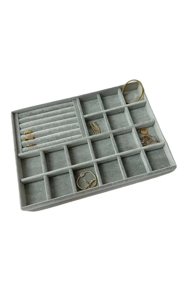 Bakü Model Süet Kumaş Gri Renk 34/24 cm Bölmeli-Sosisli Çekmece Içi Takı Standı ürün görseli 1