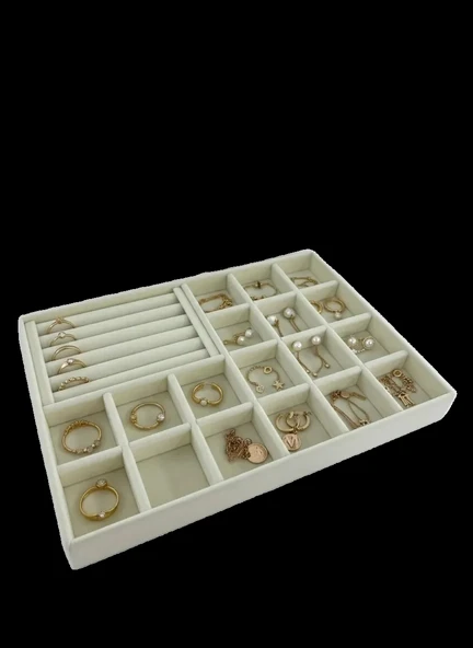 Bakü Model Süet Krem Renk 34/24 cm Bölmeli-Sosisli Çekmece Içi Takı Standı ürün görseli 1