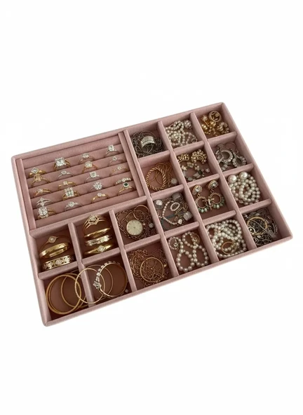 Bakü Model Süet Pembe Renk 34/24 cm Bölmeli-Sosisli Çekmece Içi Takı Standı ürün görseli 1