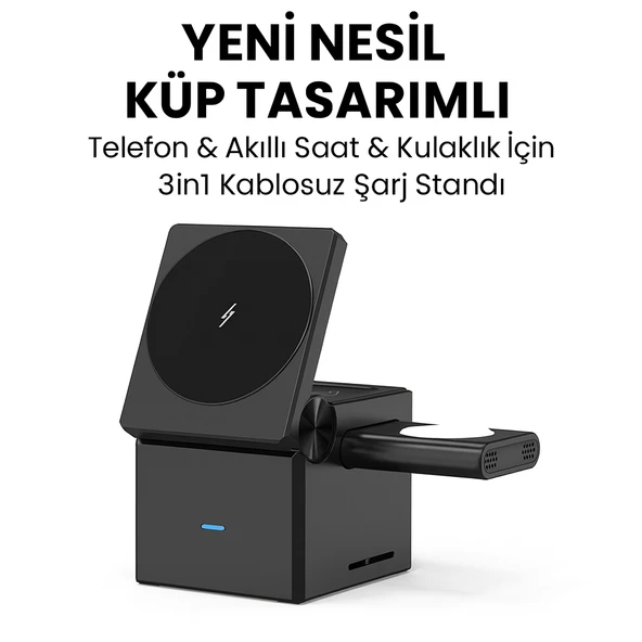 Qasul yeni nesil küp tasarımlı telefon & akıllı saat & kulaklık için 3in1 kablosuz şarj standı ürün görseli 1